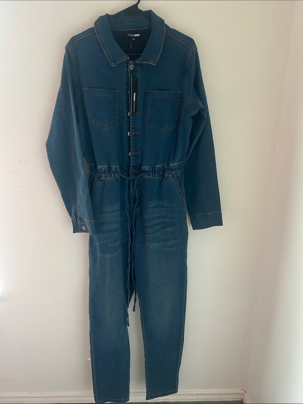 Fashion Nova Blue Denim Jumpsuit with Drawstring Waist